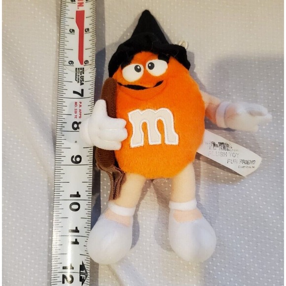 M&M Orange Halloween Fun Friend Plush Toy With Witch's Hat And Broom Decor - Picture 3 of 6